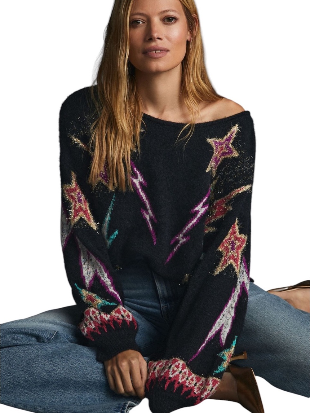 Anthropologie Pilcro Sparkle Star Pullover Sweater in Black / Small
